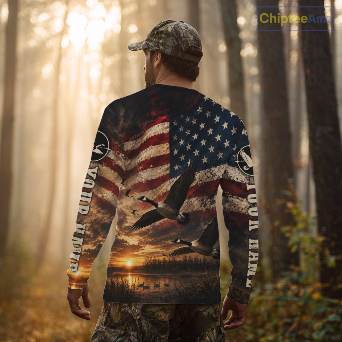Goose Hunting Shirt American Flag Waterfowl Hunter Sunset Patriotic Hunting Gift NHT1360