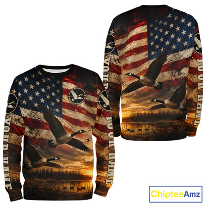 Goose Hunting Shirt American Flag Waterfowl Hunter Sunset Patriotic Hunting Gift NHT1360