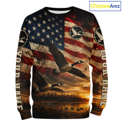 Goose Hunting Shirt American Flag Waterfowl Hunter Sunset Patriotic Hunting Gift NHT1360