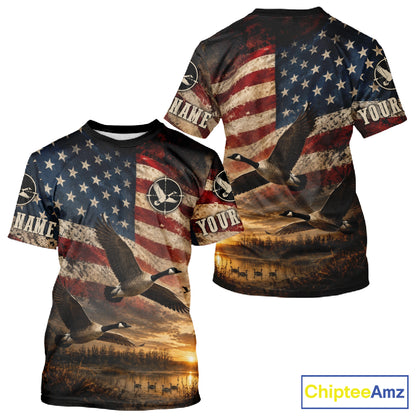 Goose Hunting Shirt American Flag Waterfowl Hunter Sunset Patriotic Hunting Gift NHT1360