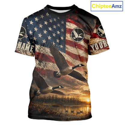 Goose Hunting Shirt American Flag Waterfowl Hunter Sunset Patriotic Hunting Gift NHT1360