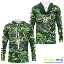Load image into Gallery viewer, Largemouth Bass Fishing Shirts Long Sleeve Hooded Camo Green With Personalized Name NHT398