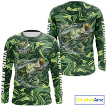 Load image into Gallery viewer, Largemouth Bass Fishing Shirts Long Sleeve Camo Green With Personalized Name NHT398