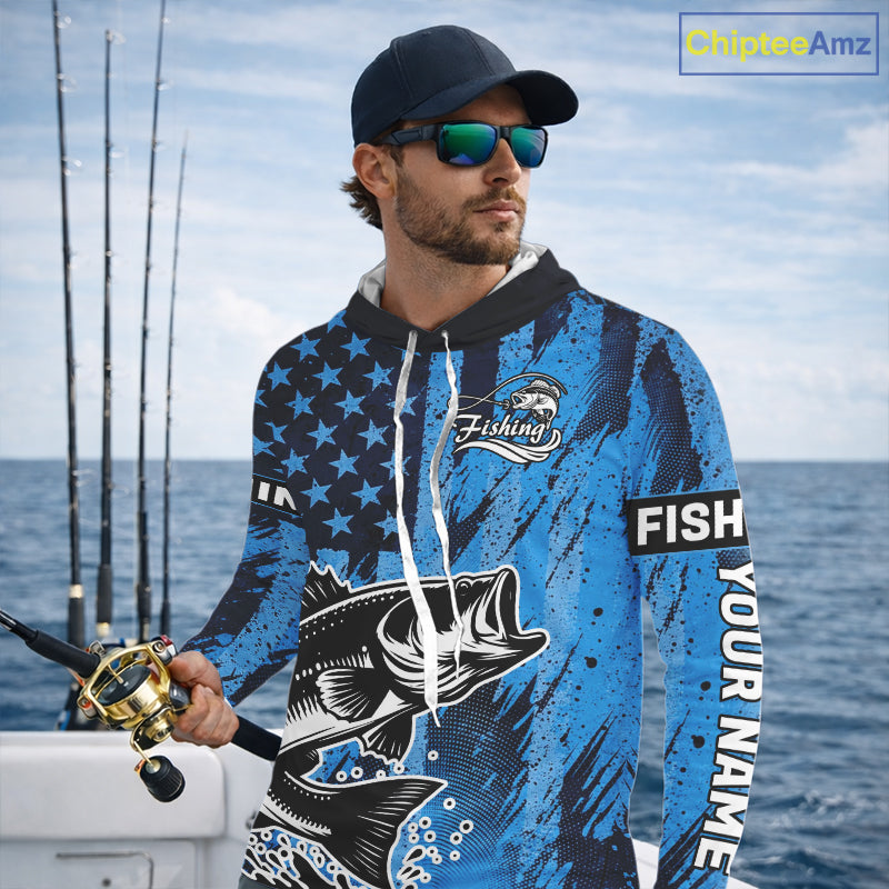 Bass Fishing American Camo Custom Name UV Protection Long Sleeves Hooded Shirt, Bass Fishing Jersey NHT530