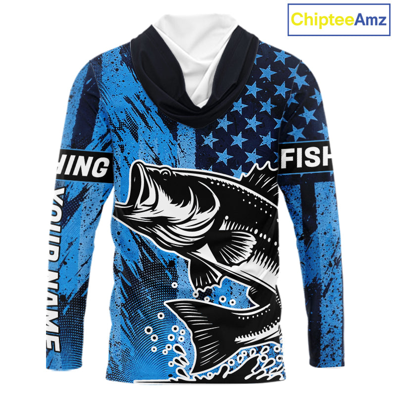 Bass Fishing American Camo Custom Name UV Protection Long Sleeves Hooded Shirt, Bass Fishing Jersey NHT530