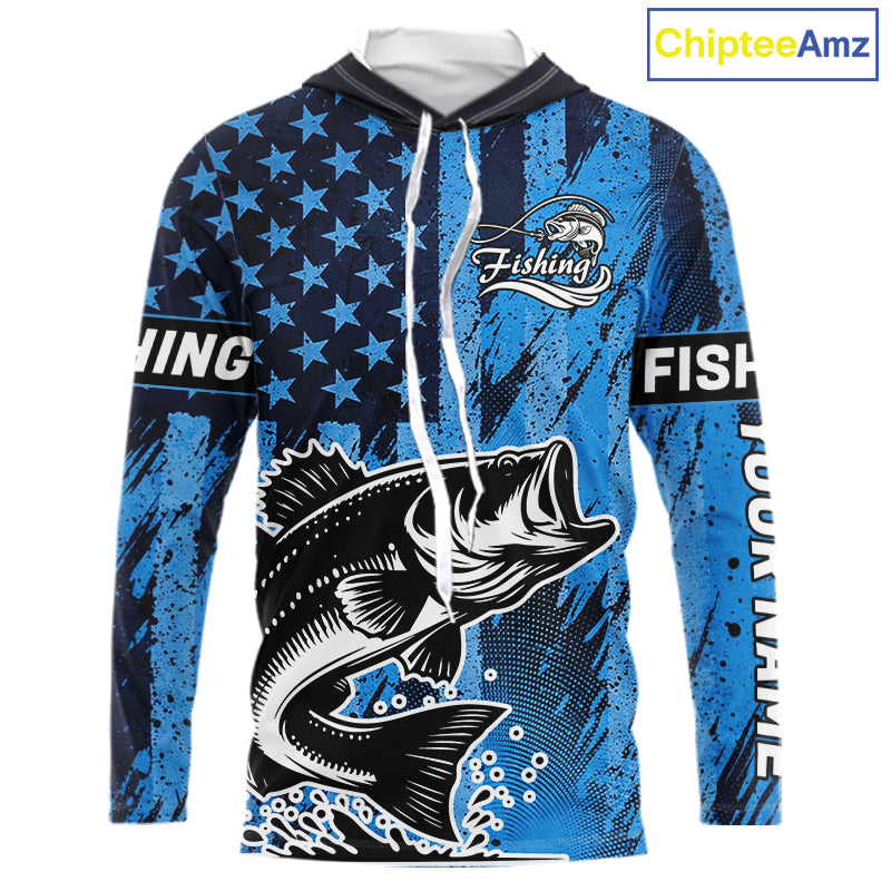 Bass Fishing American Camo Custom Name UV Protection Long Sleeves Hooded Shirt, Bass Fishing Jersey NHT530