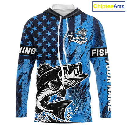 Bass Fishing American Camo Custom Name UV Protection Long Sleeves Hooded Shirt, Bass Fishing Jersey NHT530