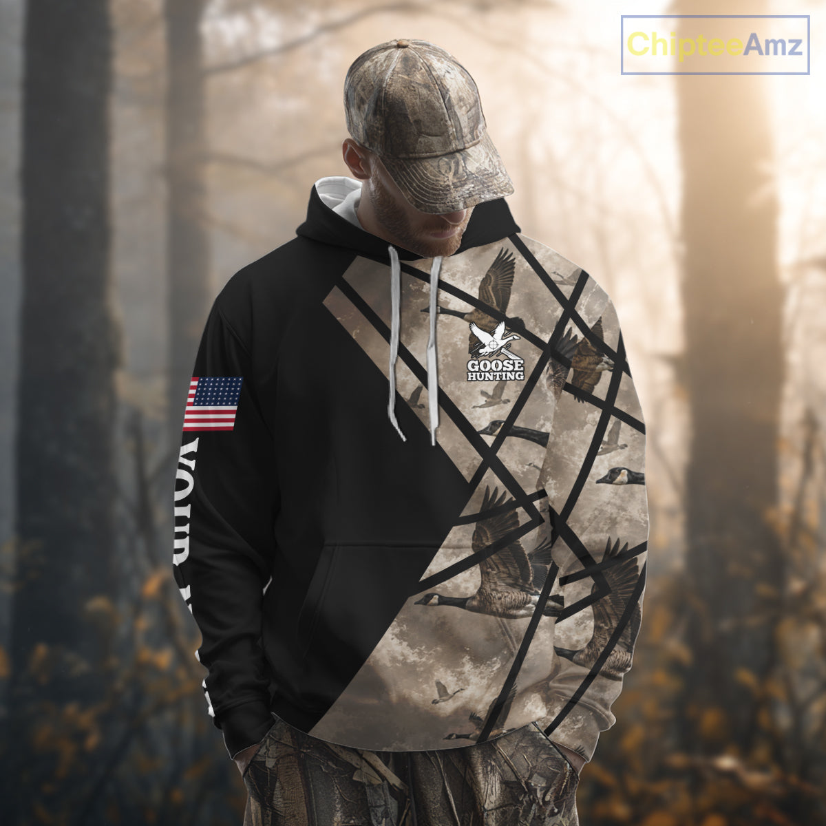 Personalized Goose Hunting Camo Flying Geese American Flag Waterfowl Hunter Custom Name Gift NHT1363