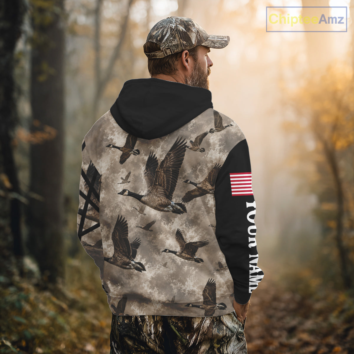 Personalized Goose Hunting Camo Flying Geese American Flag Waterfowl Hunter Custom Name Gift NHT1363