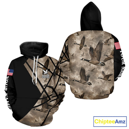 Personalized Goose Hunting Camo Flying Geese American Flag Waterfowl Hunter Custom Name Gift NHT1363