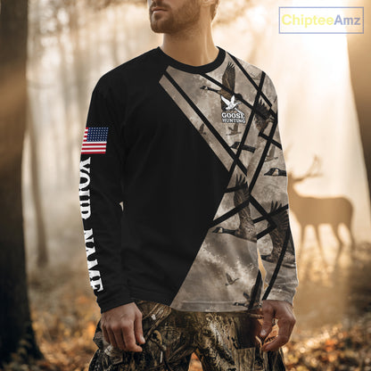Personalized Goose Hunting Camo Flying Geese American Flag Waterfowl Hunter Custom Name Gift NHT1363