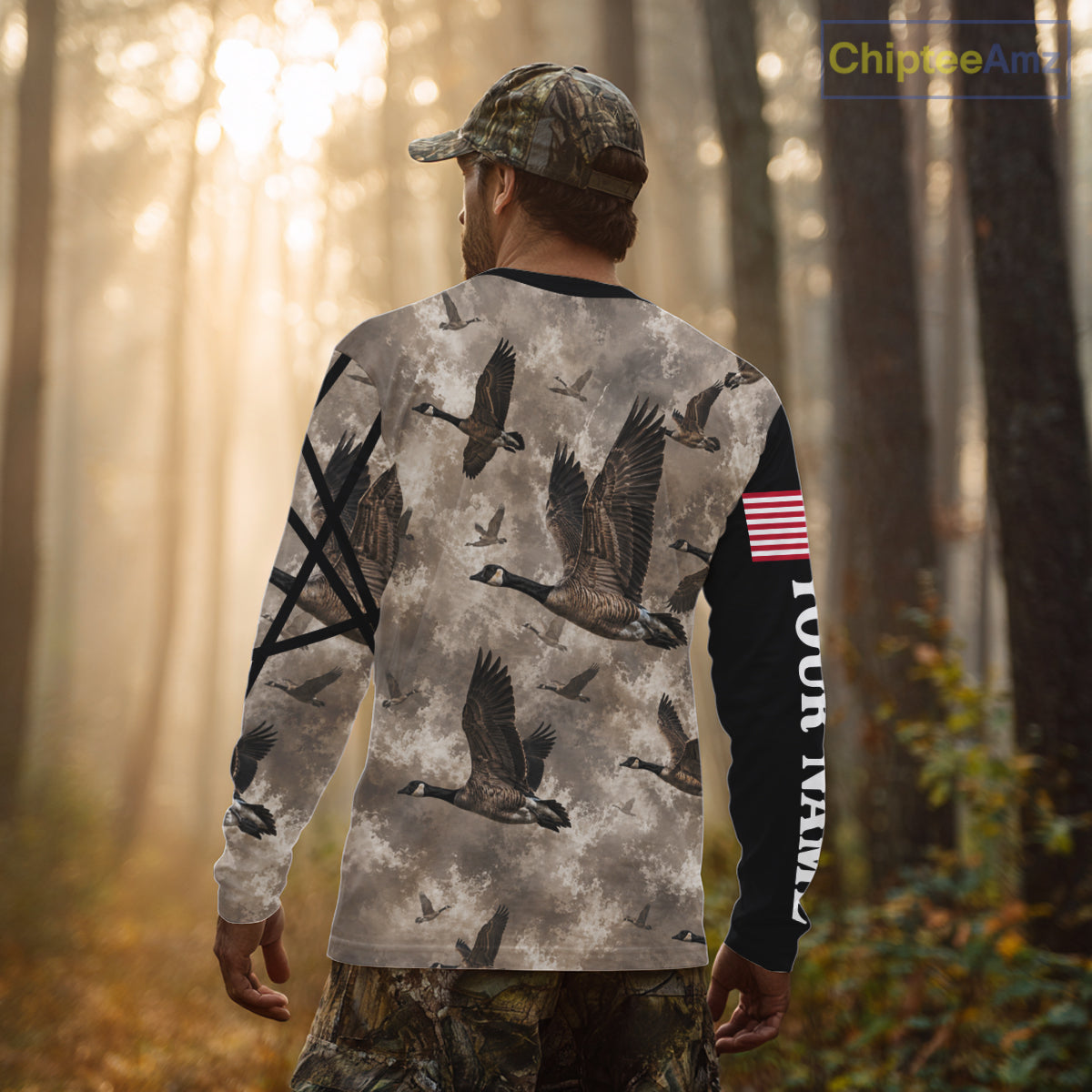 Personalized Goose Hunting Camo Flying Geese American Flag Waterfowl Hunter Custom Name Gift NHT1363