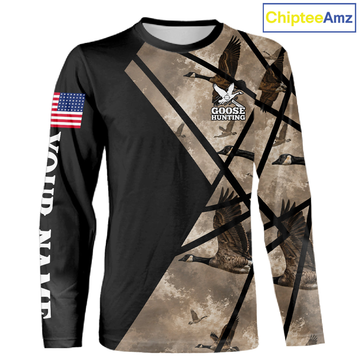 Personalized Goose Hunting Camo Flying Geese American Flag Waterfowl Hunter Custom Name Gift NHT1363
