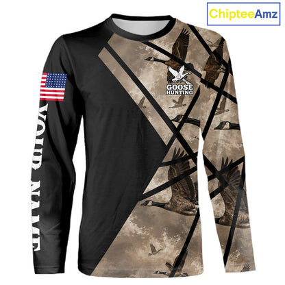 Personalized Goose Hunting Camo Flying Geese American Flag Waterfowl Hunter Custom Name Gift NHT1363