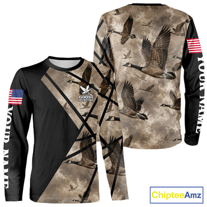 Personalized Goose Hunting Camo Flying Geese American Flag Waterfowl Hunter Custom Name Gift NHT1363