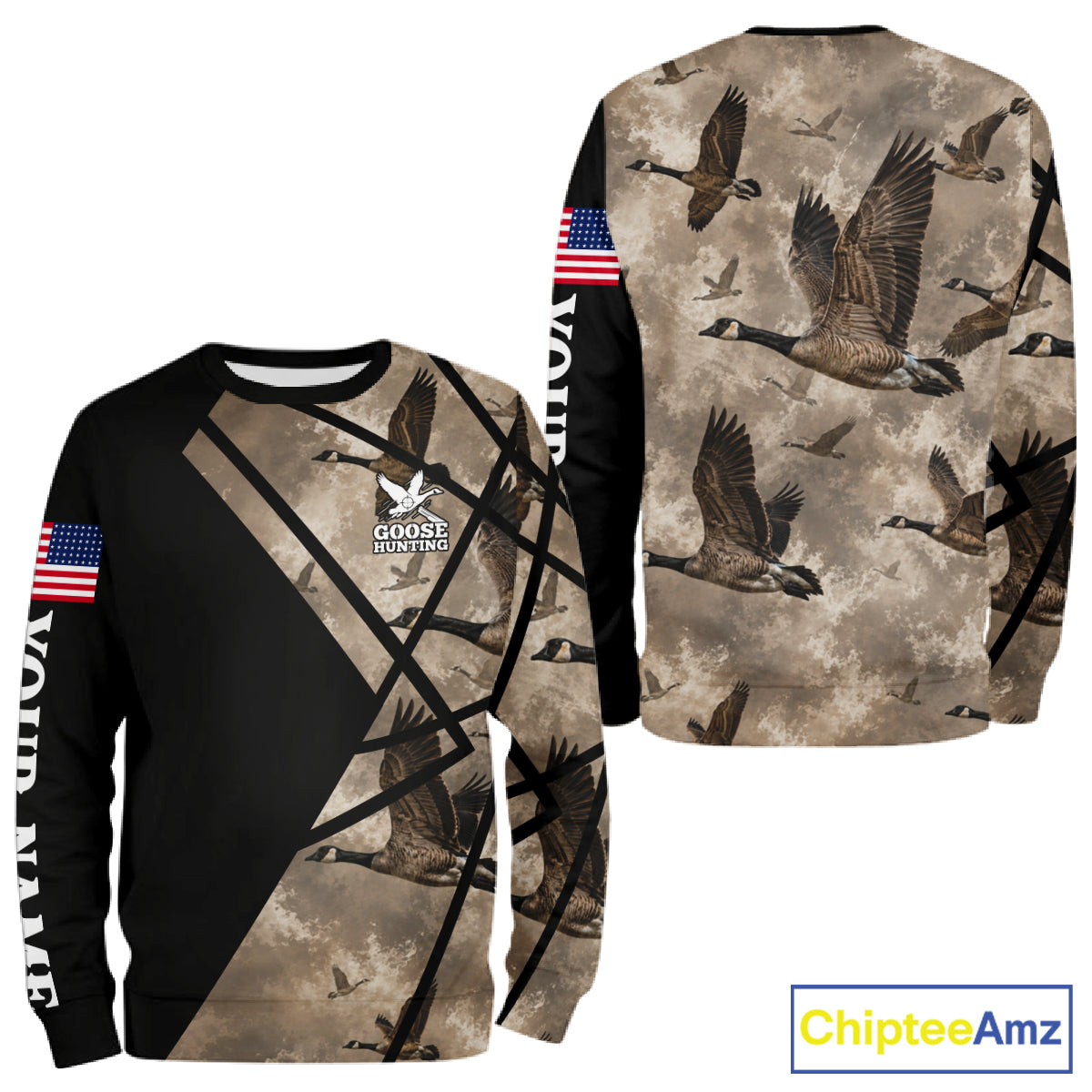 Personalized Goose Hunting Camo Flying Geese American Flag Waterfowl Hunter Custom Name Gift NHT1363