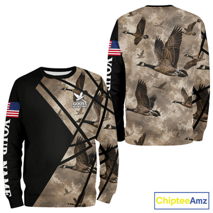 Personalized Goose Hunting Camo Flying Geese American Flag Waterfowl Hunter Custom Name Gift NHT1363
