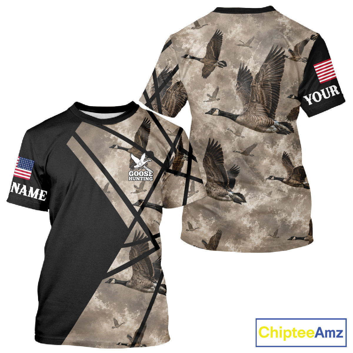 Personalized Goose Hunting Camo Flying Geese American Flag Waterfowl Hunter Custom Name Gift NHT1363