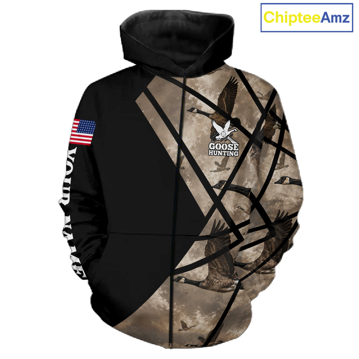 Personalized Goose Hunting Camo Flying Geese American Flag Waterfowl Hunter Custom Name Gift NHT1363