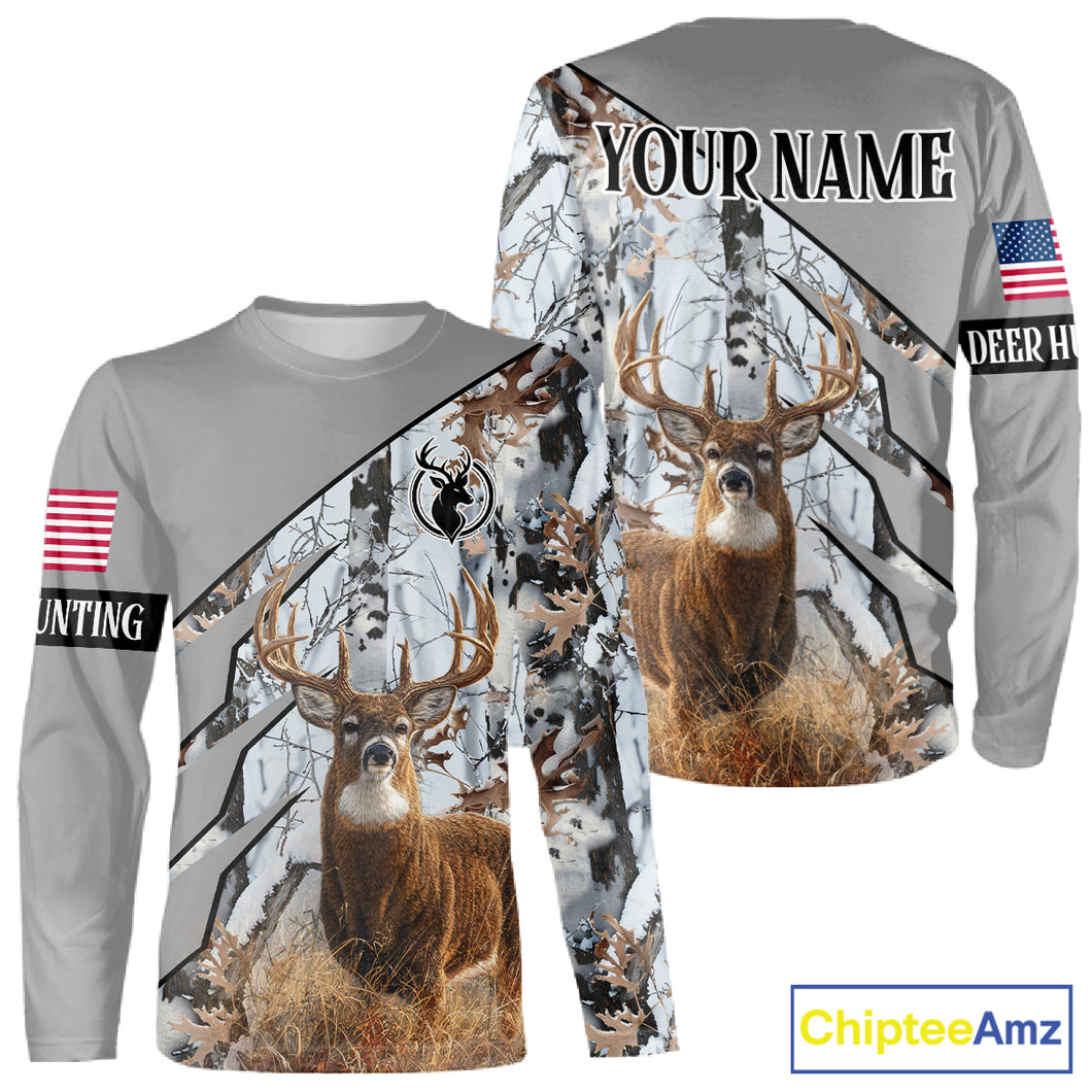 Snowfall Deer Hunting 3D All Over Print Winter Camo Shirt Custom Name For Big Game Hunters NHT214
