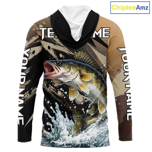 Brown Camo Walleye Fishing Shirts Long Sleeve Hooded, Custom Walleye Performance Fishing Apparel NHT459