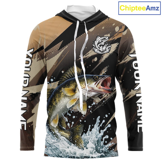 Brown Camo Walleye Fishing Shirts Long Sleeve Hooded, Custom Walleye Performance Fishing Apparel NHT459