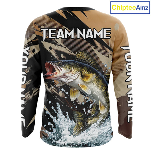 Brown Camo Walleye Fishing Shirts Long Sleeve, Custom Walleye Performance Fishing Apparel NHT459