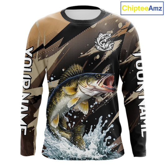 Brown Camo Walleye Fishing Shirts Long Sleeve, Custom Walleye Performance Fishing Apparel NHT459