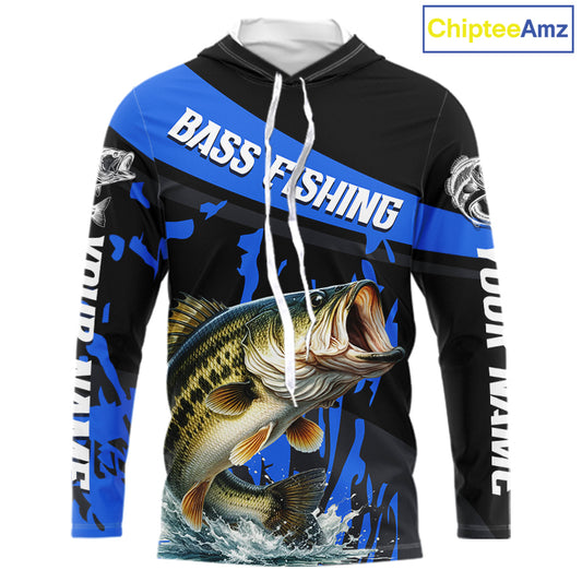 Custom Largemouth Bass Fishing Jerseys, Largemouth Bass Hooded Fishing Shirts Long Sleeve For Men|Blue NHT726