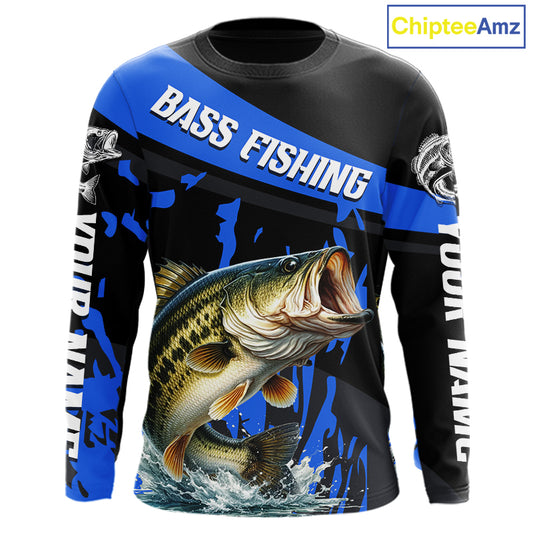 Custom Largemouth Bass Fishing Jerseys, Largemouth Bass Fishing Shirts Long Sleeve For Men|Blue NHT726