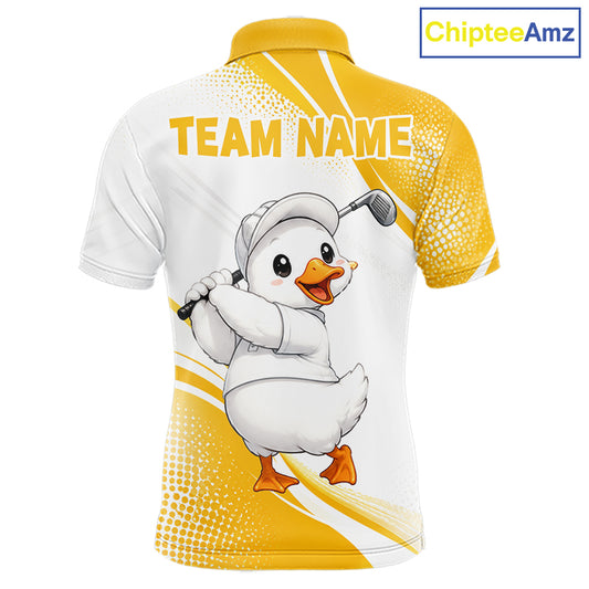 A short-sleeve polo shirt shown from the back, featuring a white and yellow graphic design with a cartoon duck holding a golf club and the text 'TEAM NAME' across the upper back. The shirt is displayed on a plain white background with a 'ChipteeAmz' logo in the top right corner.