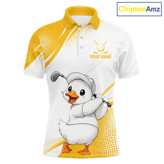 A white and yellow short-sleeve polo shirt with a cartoon golf duck graphic on the front, featuring a customizable name print on the chest. The brand name 'ChipteeAmz' is visible in the top right corner.