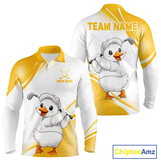 Front and back views of a long-sleeve custom polo shirt featuring a cartoon white duck wearing a golf hat and holding a golf club. The shirt has a white and yellow color scheme with 'TEAM NAME' printed on the back and 'YOUR NAME' on the front, shown on a white background with a ChipteeAmz logo in the bottom right corner.
