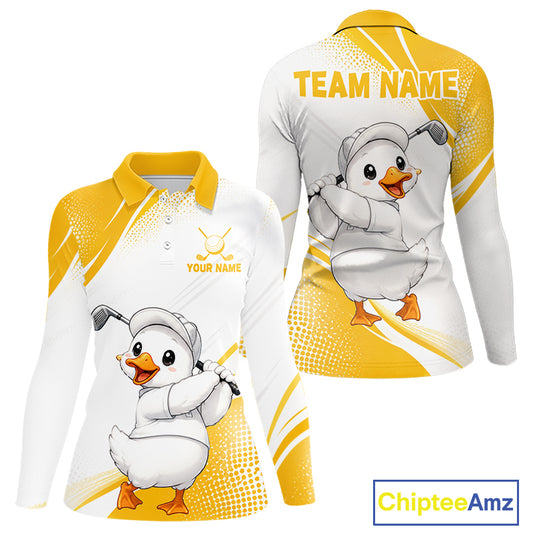 Custom long-sleeve polo shirt shown from the front and back, featuring a cartoon golf duck graphic on a white and yellow base. The front has a polo collar, three-button placket, and customizable text 'YOUR NAME' with a golf club icon.