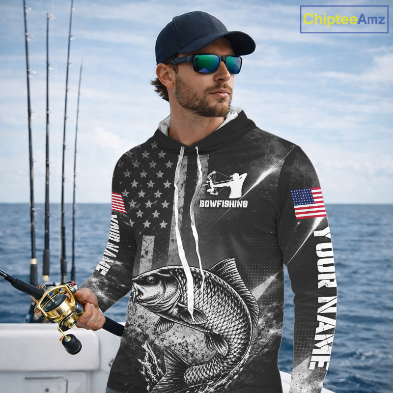 American Flag Bowfishing Shirt With Carp Design, Fishing Shirts Hooded Long Sleeve For Men NHT1369