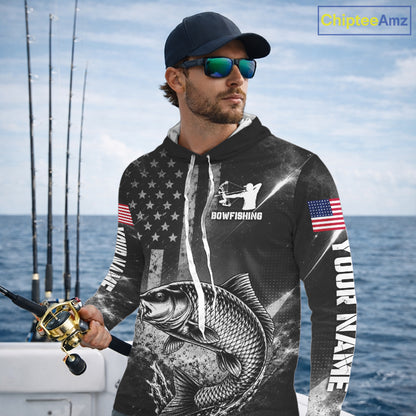 American Flag Bowfishing Shirt With Carp Design, Fishing Shirts Hooded Long Sleeve For Men NHT1369