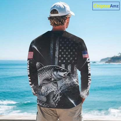 American Flag Bowfishing Shirt With Carp Design, Fishing Shirts Long Sleeve For Men NHT1369