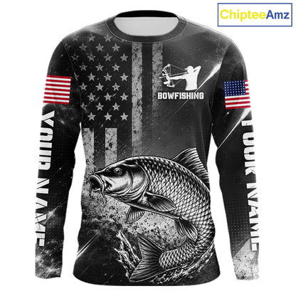 American Flag Bowfishing Shirt With Carp Design, Fishing Shirts Long Sleeve For Men NHT1369