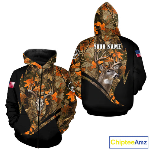 Deer Hunting Shirt 3D Autumn Camo Custom Name With Deer Skull Whitetail And US Flag NHT223