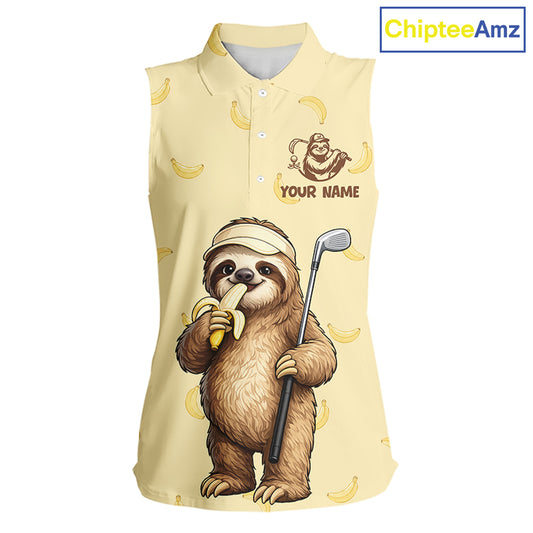 Funny Sloth Banana Womens Sleeveless Golf Polo Shirt Custom Golf Jerseys, Golf Apparel Gift For Golf Lovers NHT907