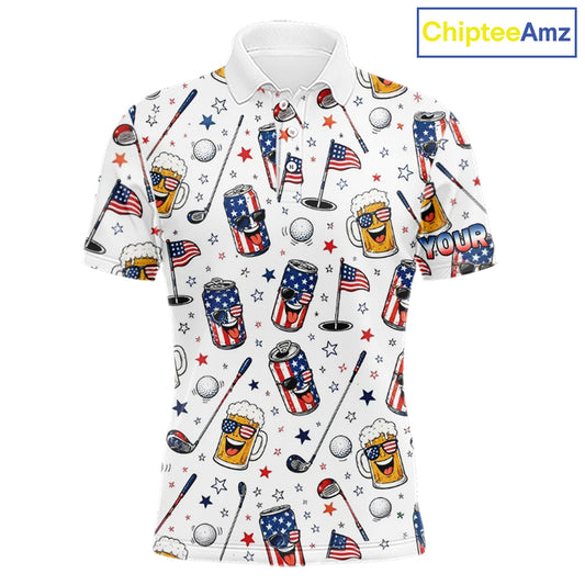 Custom Patriotic Mens Golf Polo Shirt With Beer Print – Personalized USA Golf Team Polo 