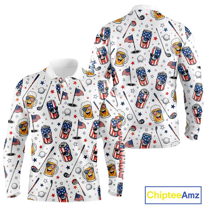 Custom Patriotic Mens Golf Polo Shirt With Beer Print – Personalized USA Golf Team Polo 