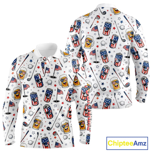 Custom Patriotic Mens Golf Polo Shirt With Beer Print – Personalized USA Golf Team Polo 