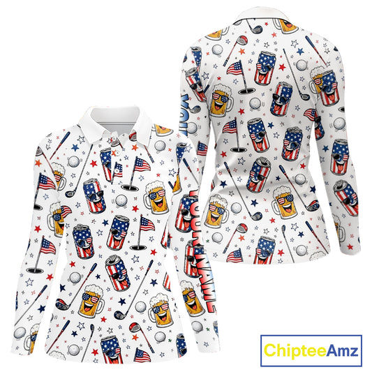 Custom Patriotic Womens Golf Polo Shirt With Beer Print – Personalized USA Golf Team Polo 