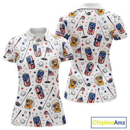Custom Patriotic Womens Golf Polo Shirt With Beer Print – Personalized USA Golf Team Polo 