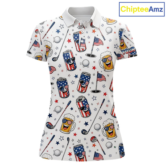 Custom Patriotic Womens Golf Polo Shirt With Beer Print – Personalized USA Golf Team Polo 