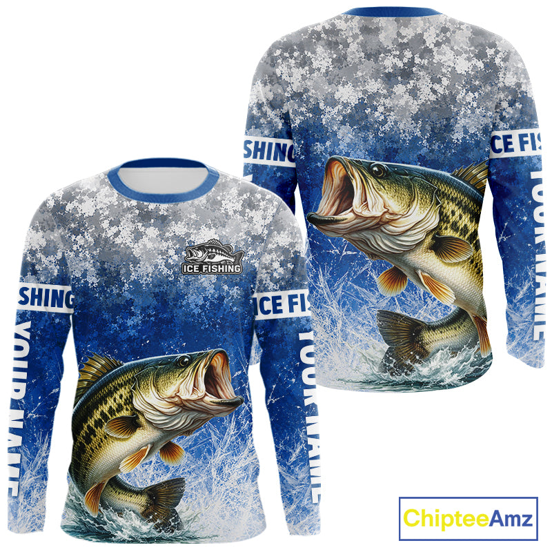 Ice Fishing Shirt With Largemouth Bass & Winter Camo Design, Fishing Shirts Long Sleeve For Men NHT1373