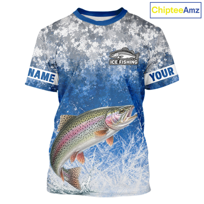 Ice Fishing Shirt With Rainbow Trout & Winter Camo Design, Fishing Shirt Short Sleeve For Men NHT1375