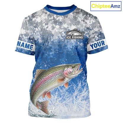 Ice Fishing Shirt With Rainbow Trout & Winter Camo Design, Fishing Shirt Short Sleeve For Men NHT1375