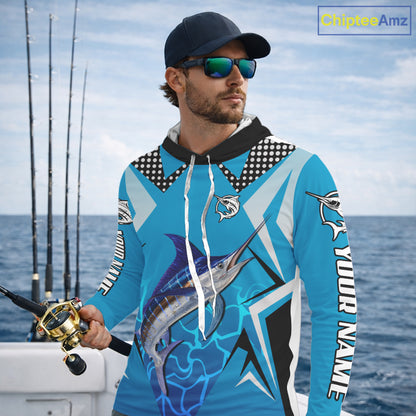Marlin Fishing Blue Camo Custom Name Long Sleeve, Long Sleeve Fishing Shirt For Men NHT465